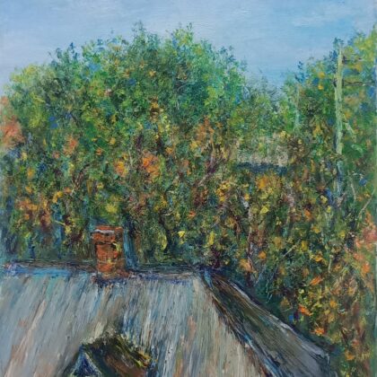 "Autumn. An old house roof" painting